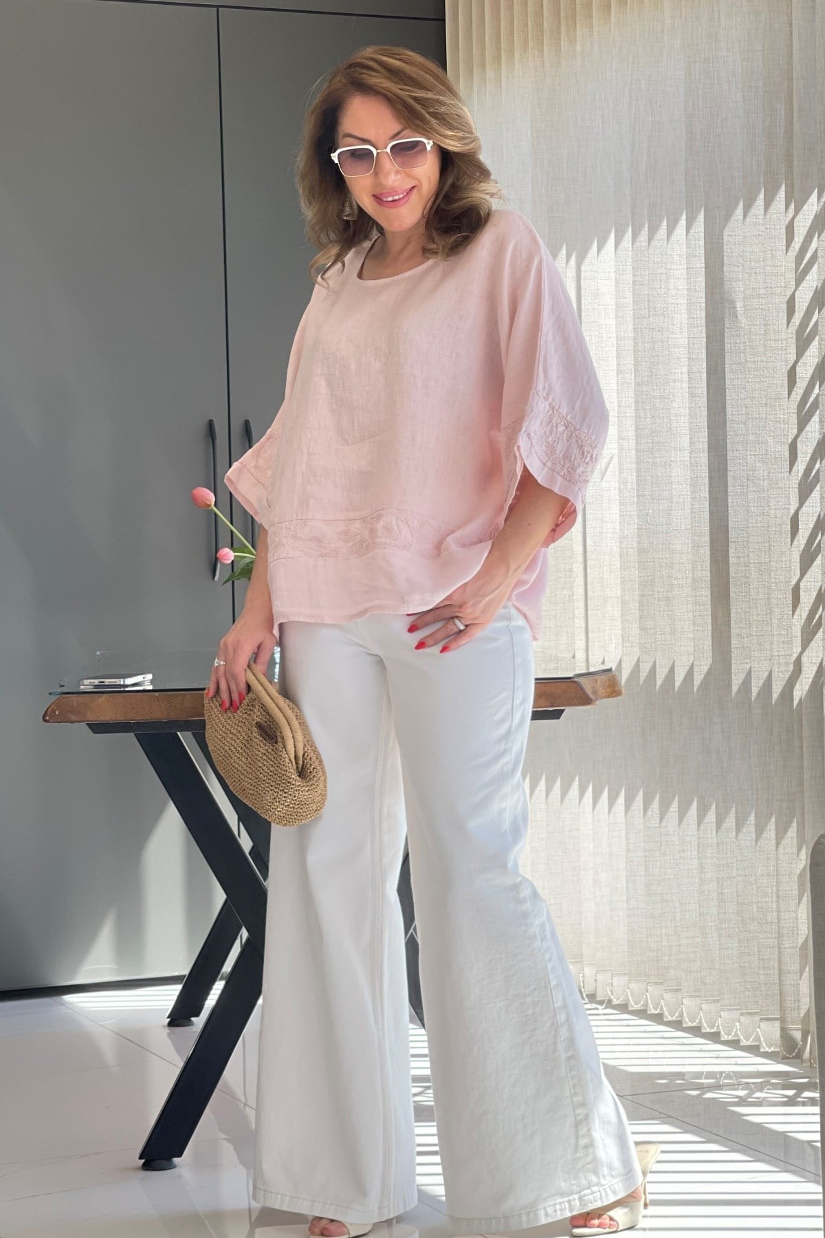 Keten Oversize Pudra Bluz