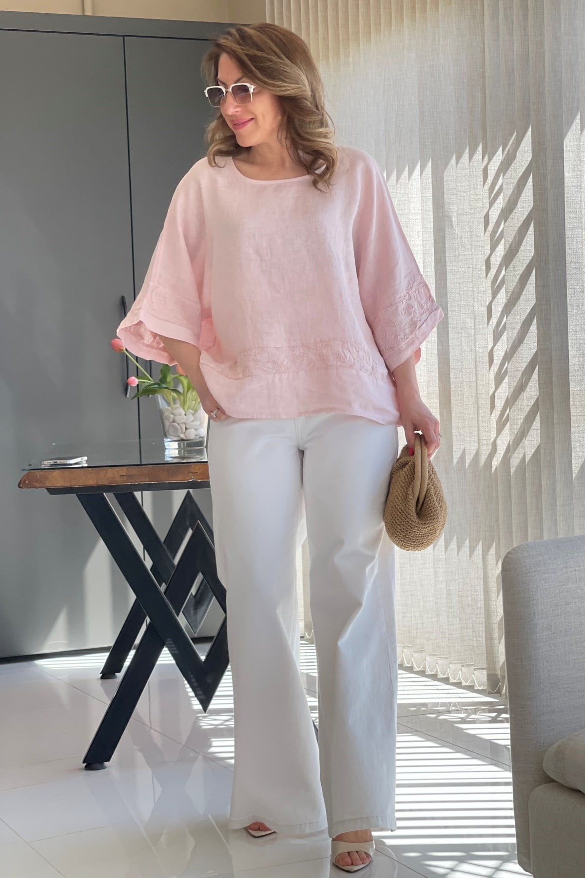 Keten Oversize Pudra Bluz