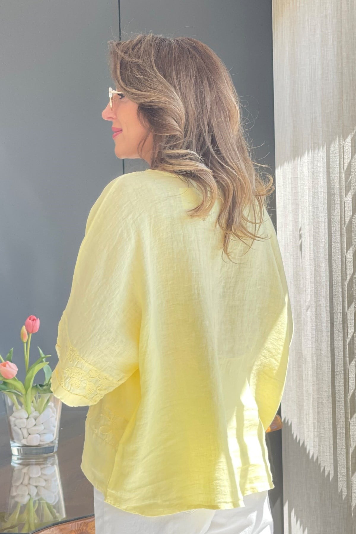 Keten Oversize Sarı Bluz