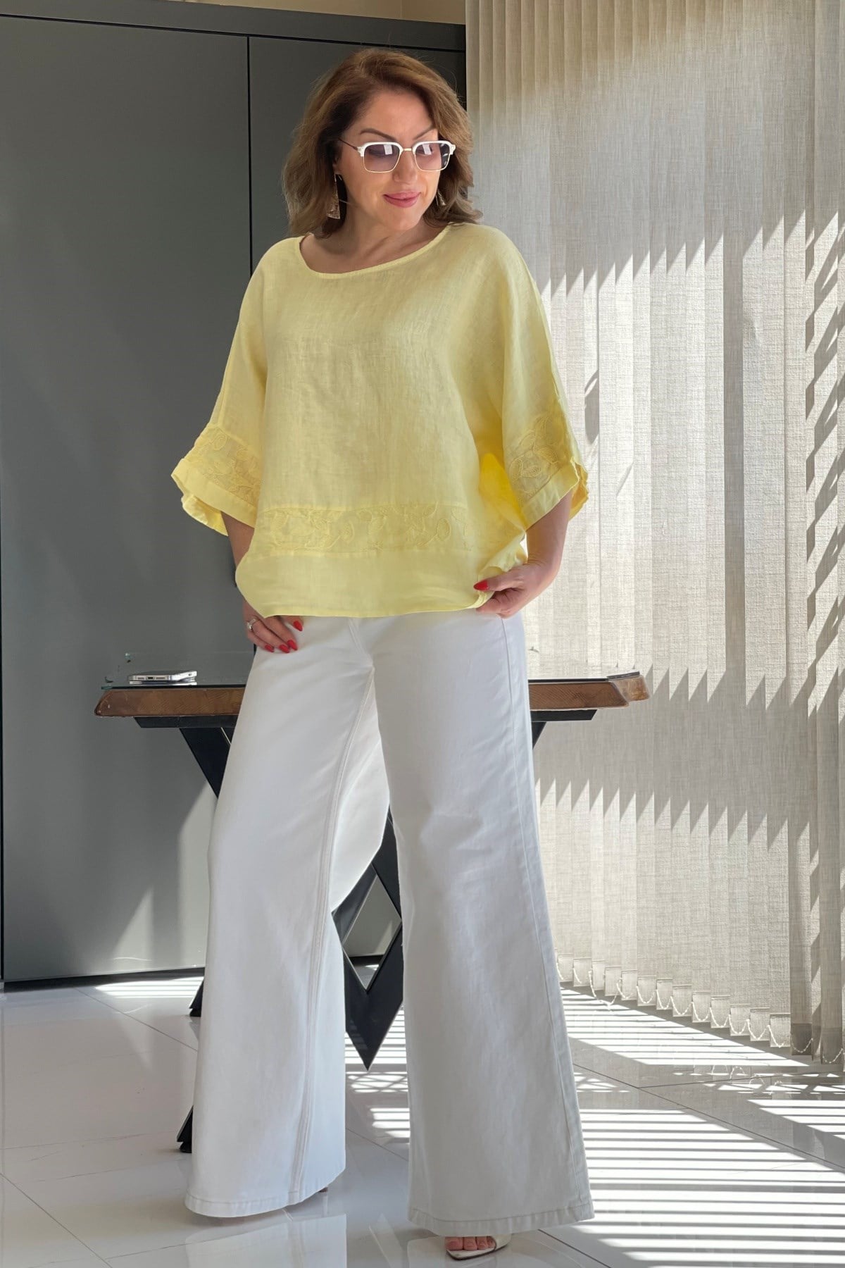 Keten Oversize Sarı Bluz