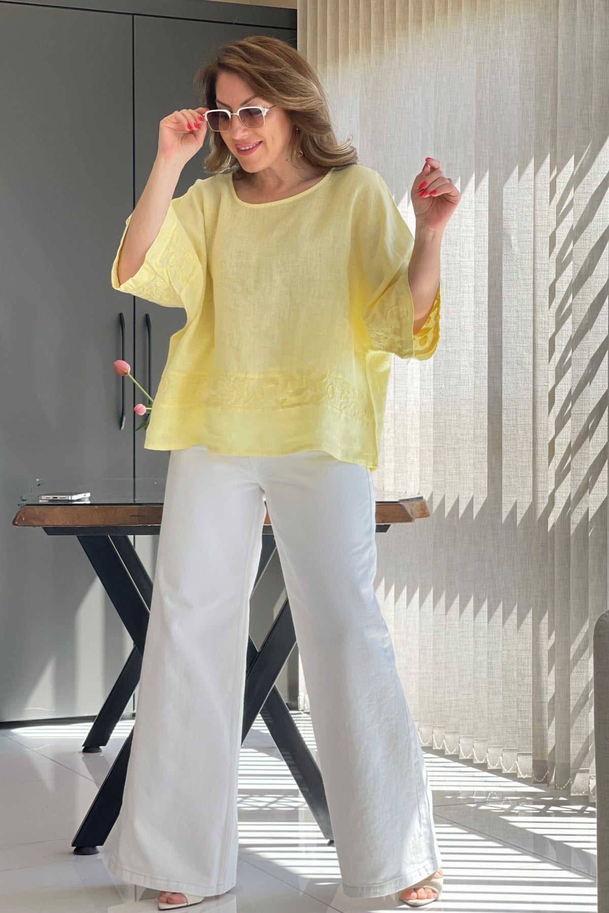 Keten Oversize Sarı Bluz