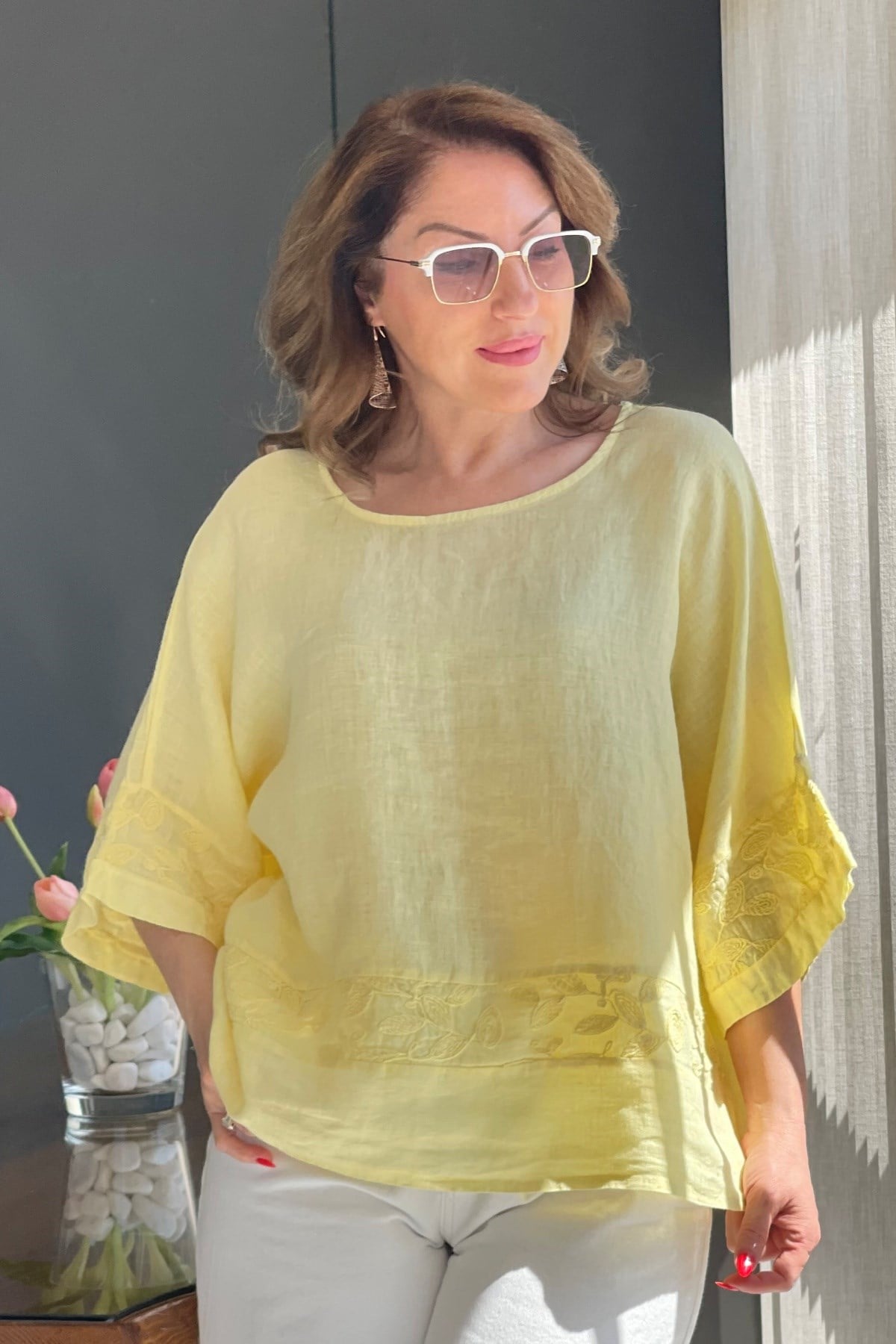 Keten Oversize Sarı Bluz