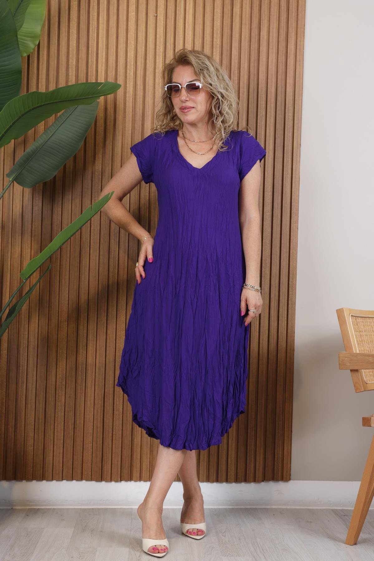 Kırışık Model Mor Elbise