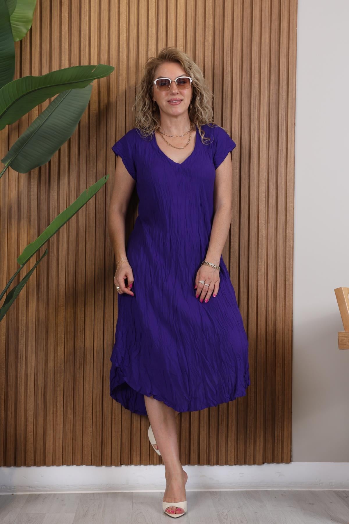 Kırışık Model Mor Elbise