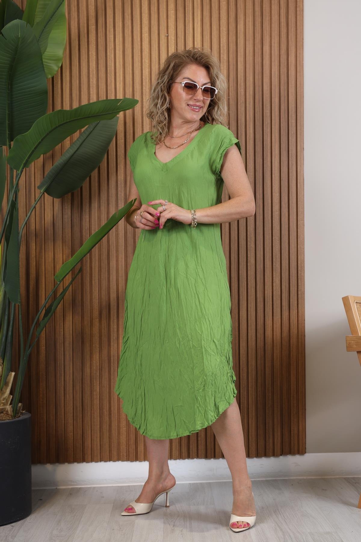 Kırışık Model Yağ Yeşili Elbise