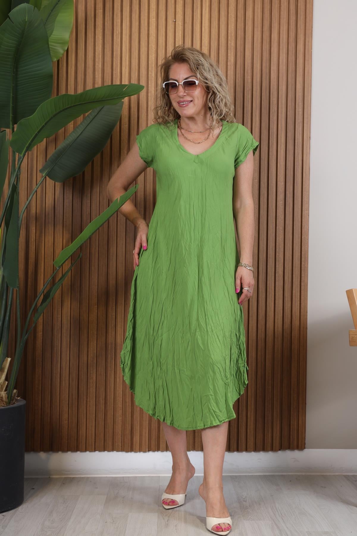 Kırışık Model Yağ Yeşili Elbise