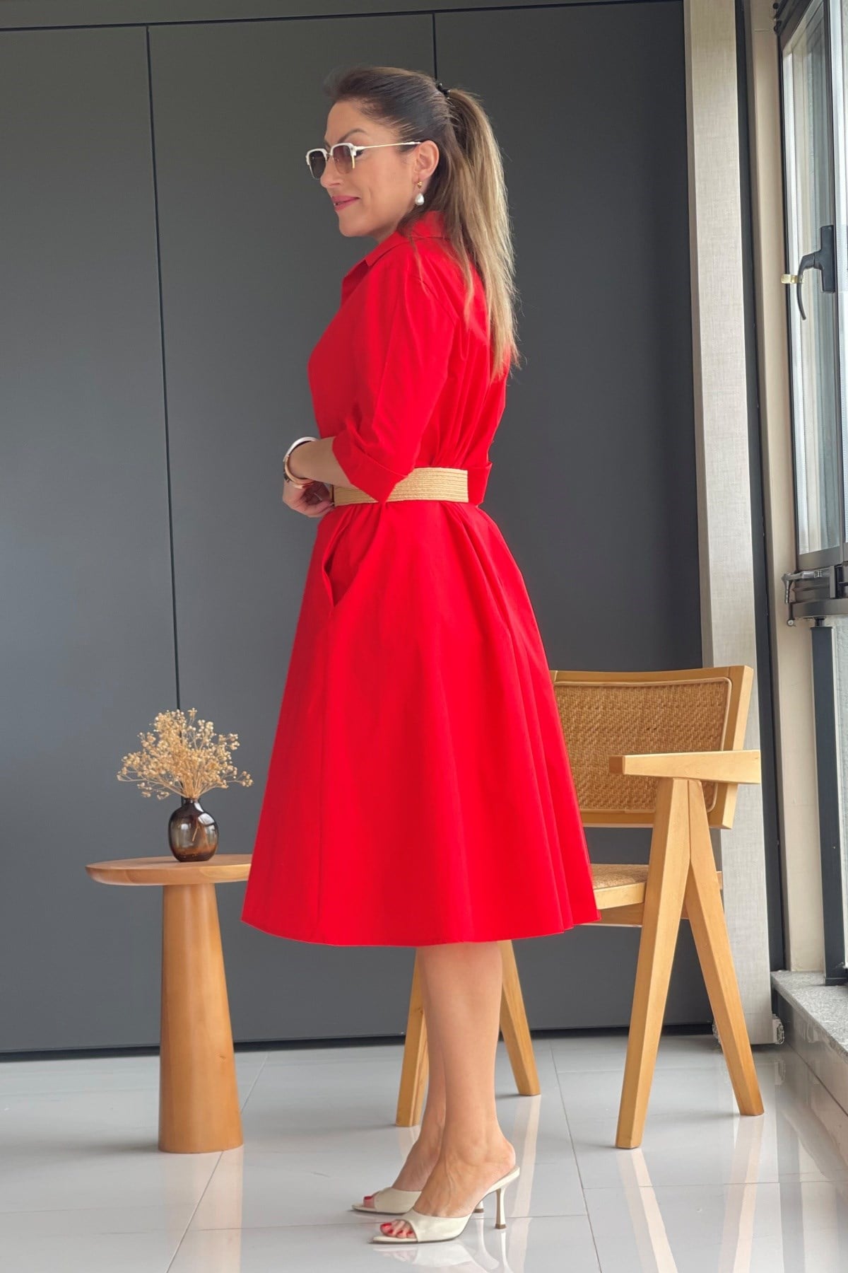 Kırmızı Oversize Poplin Elbise