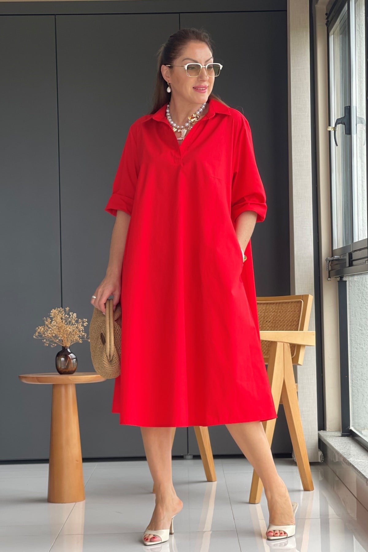 Kırmızı Oversize Poplin Elbise