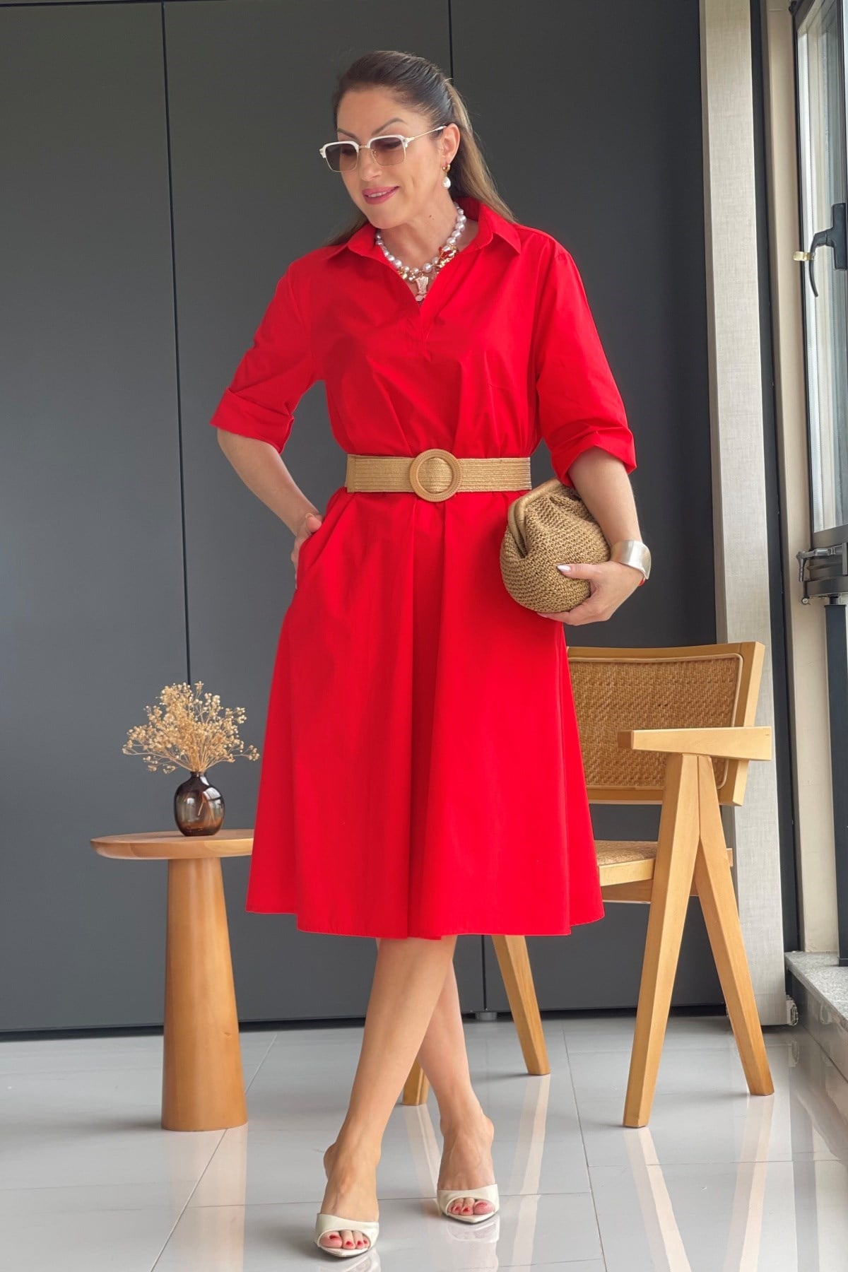 Kırmızı Oversize Poplin Elbise