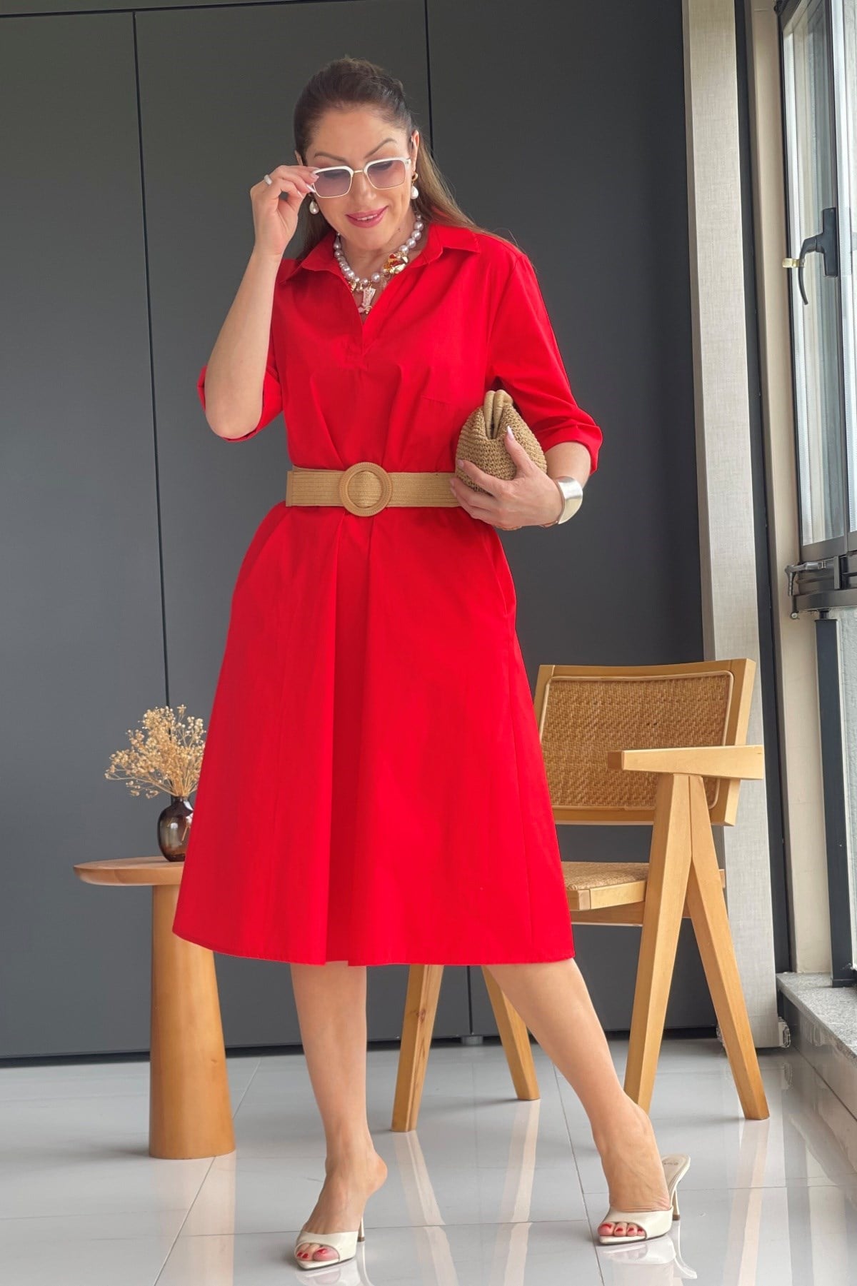 Kırmızı Oversize Poplin Elbise