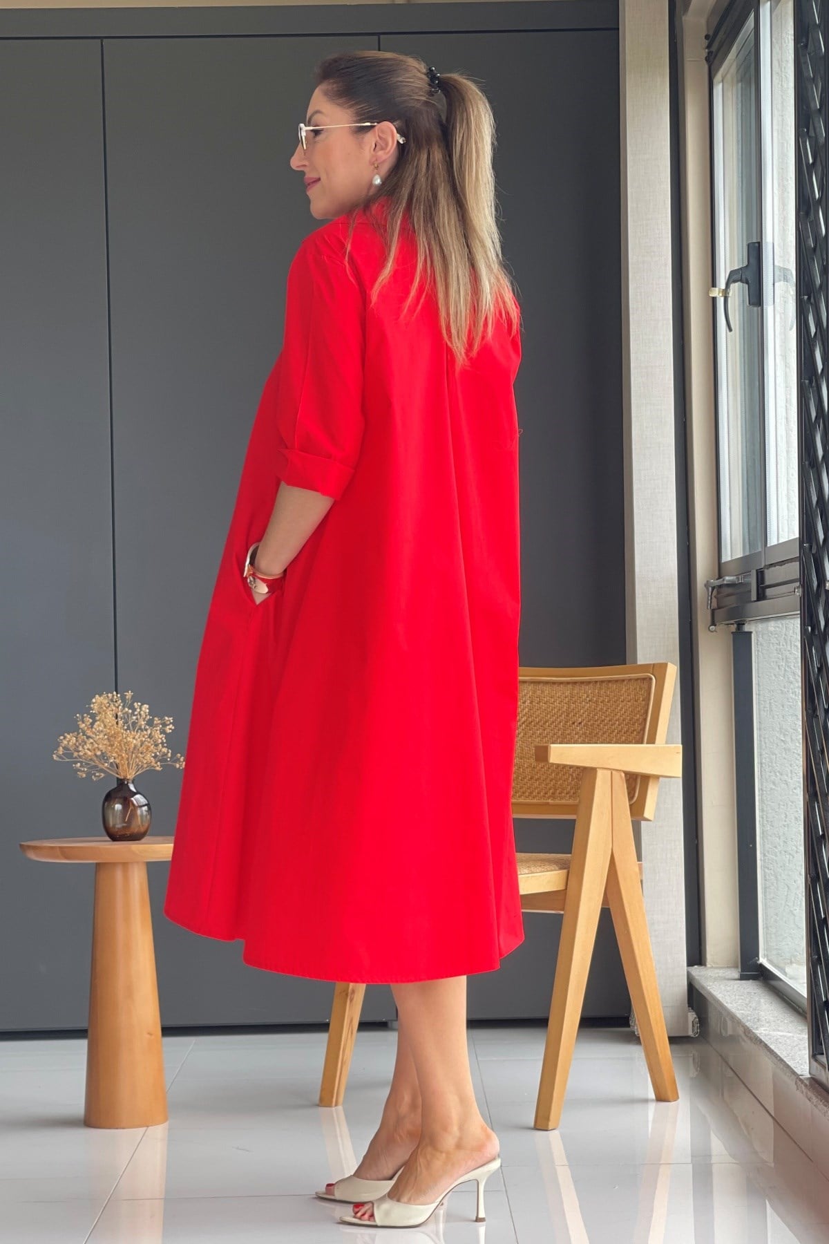 Kırmızı Oversize Poplin Elbise