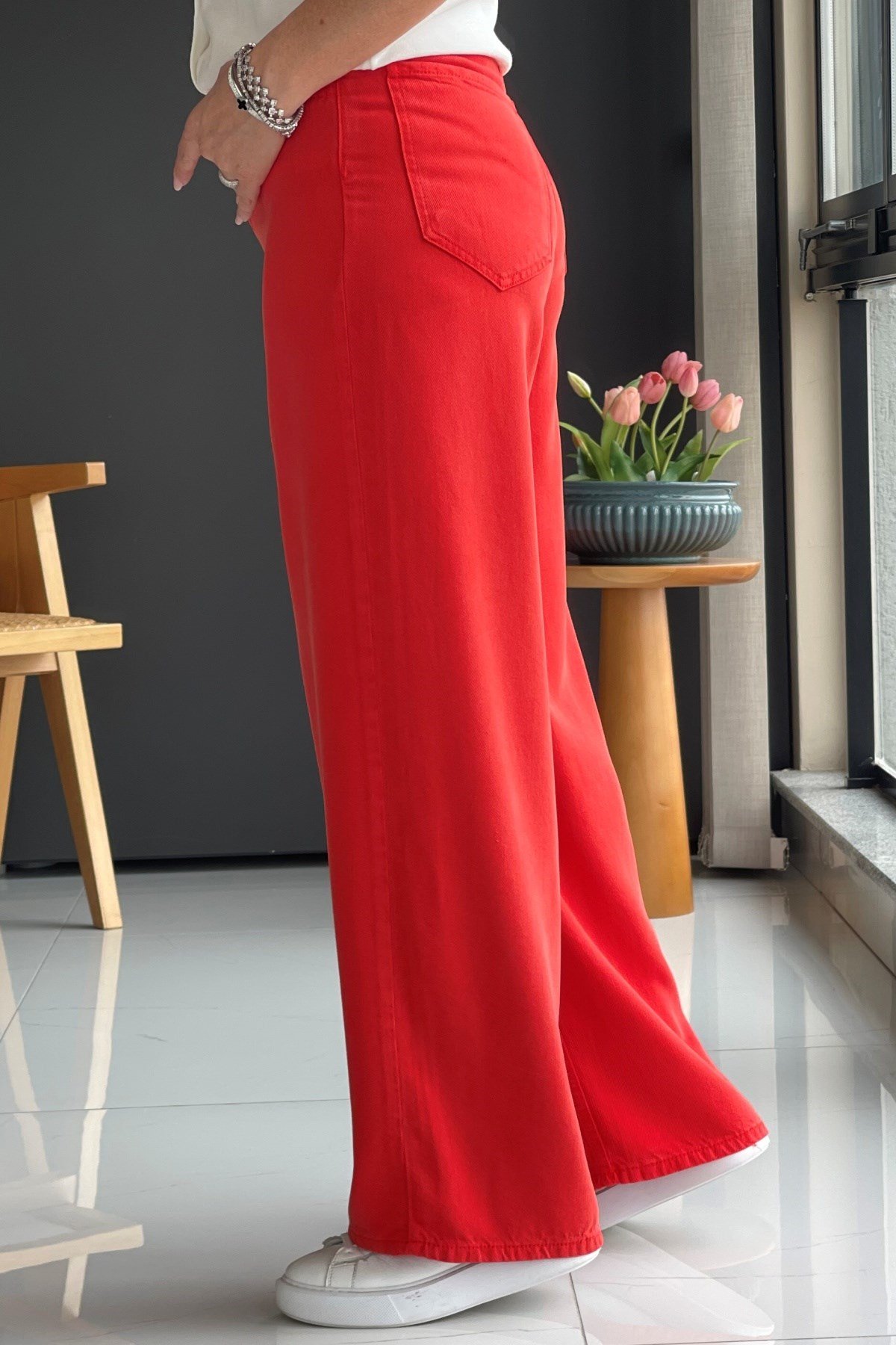 Kırmızı Tencel Palazzo Pantolon