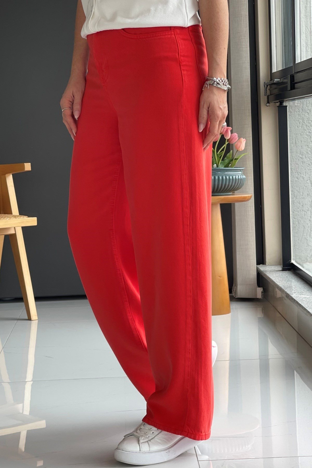 Kırmızı Tencel Palazzo Pantolon