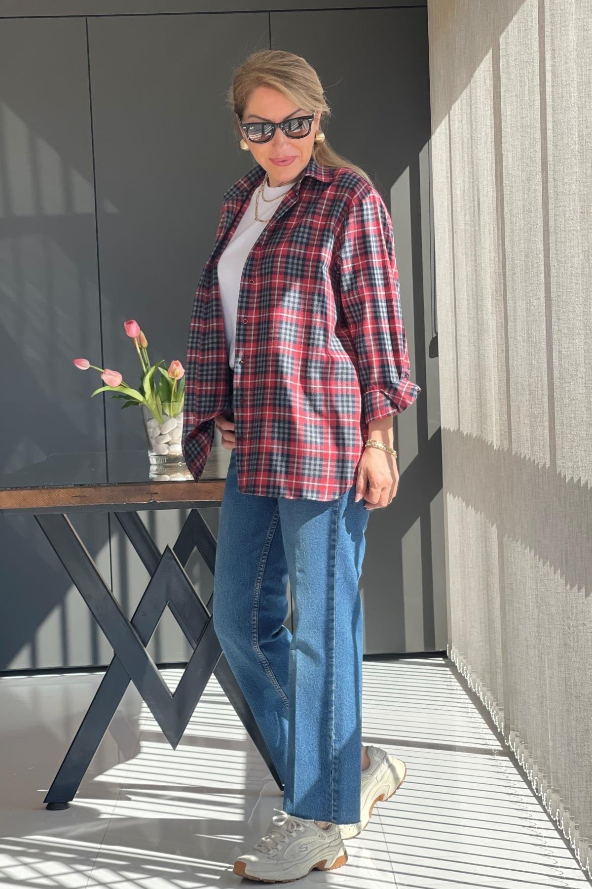 Kırrmızı Kareli Oversize Gömlek