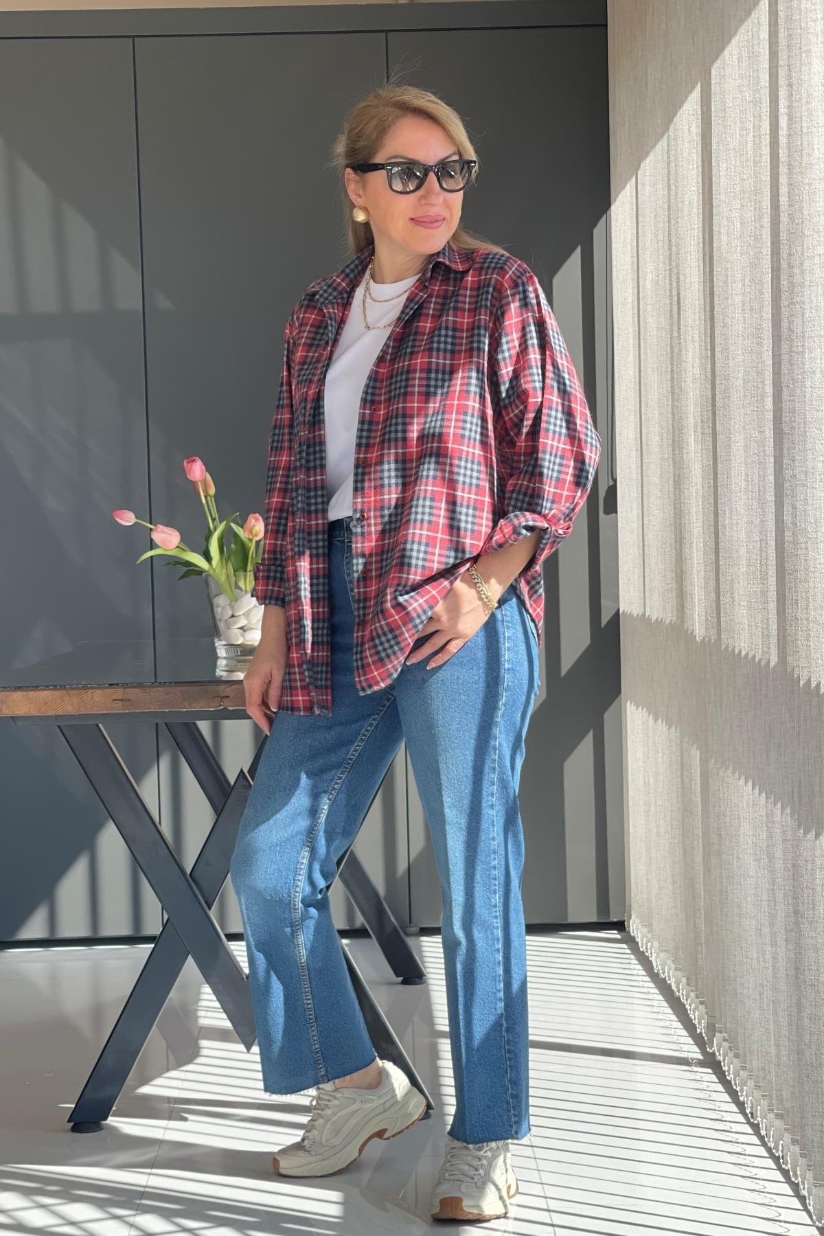 Kırrmızı Kareli Oversize Gömlek