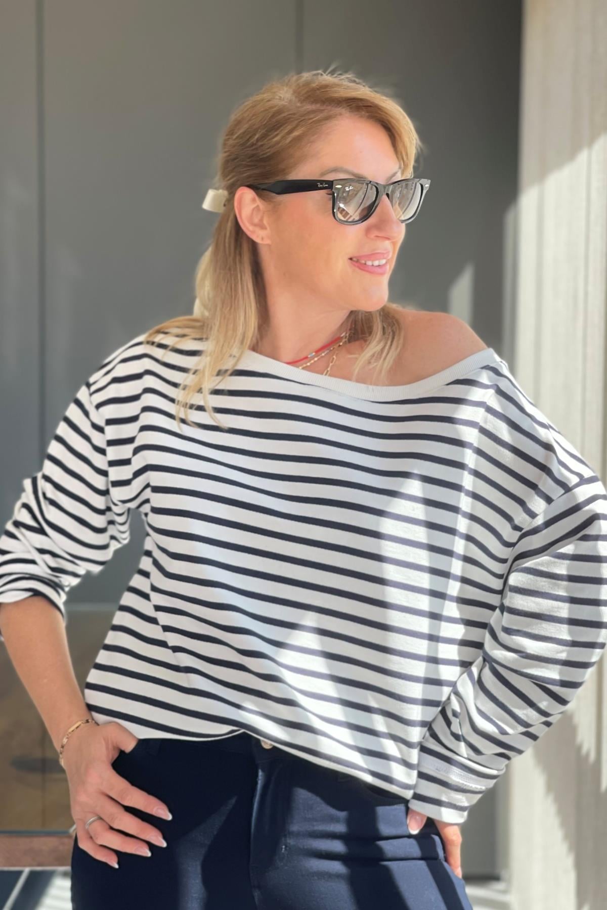 Lacivert Çizgi Oversize Sweat