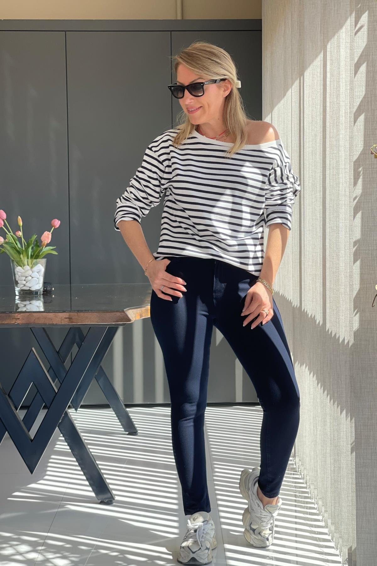 Lacivert Çizgi Oversize Sweat