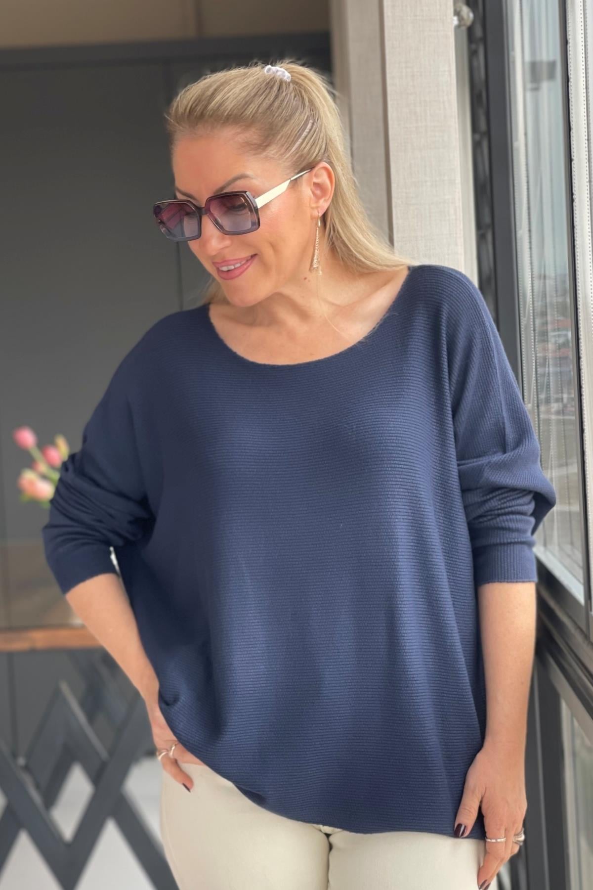 Lacivert Düz Desen Örme Bluz