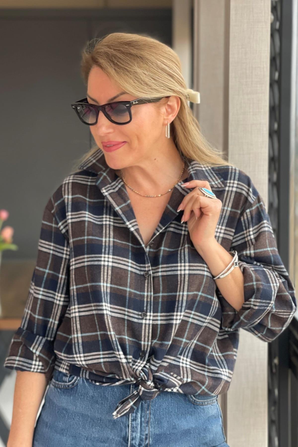 Lacivert Kareli Oversize Gömlek