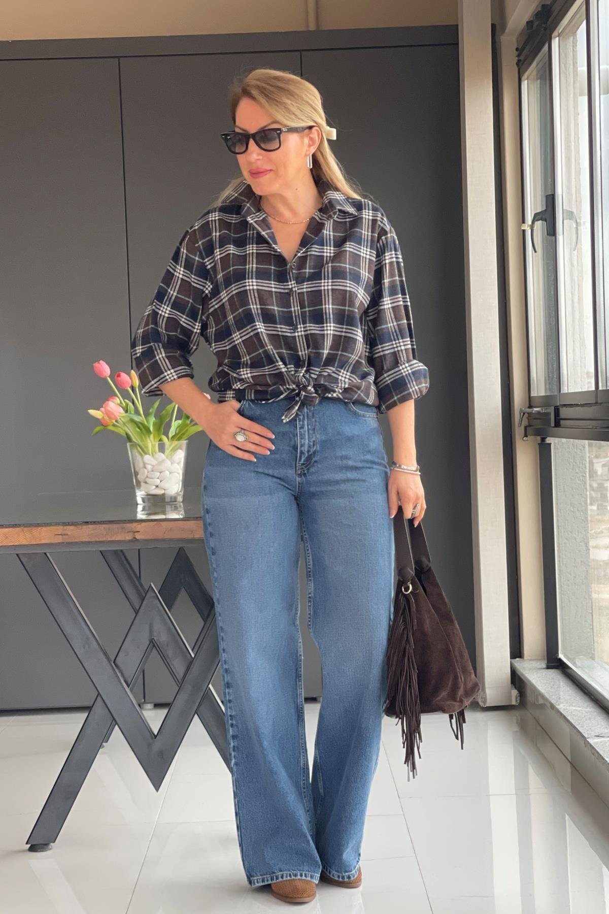 Lacivert Kareli Oversize Gömlek