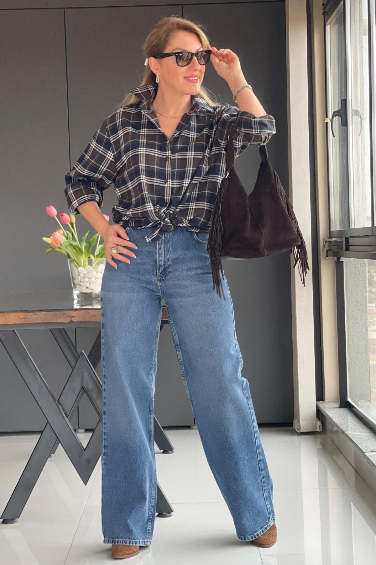 Lacivert Kareli Oversize Gömlek