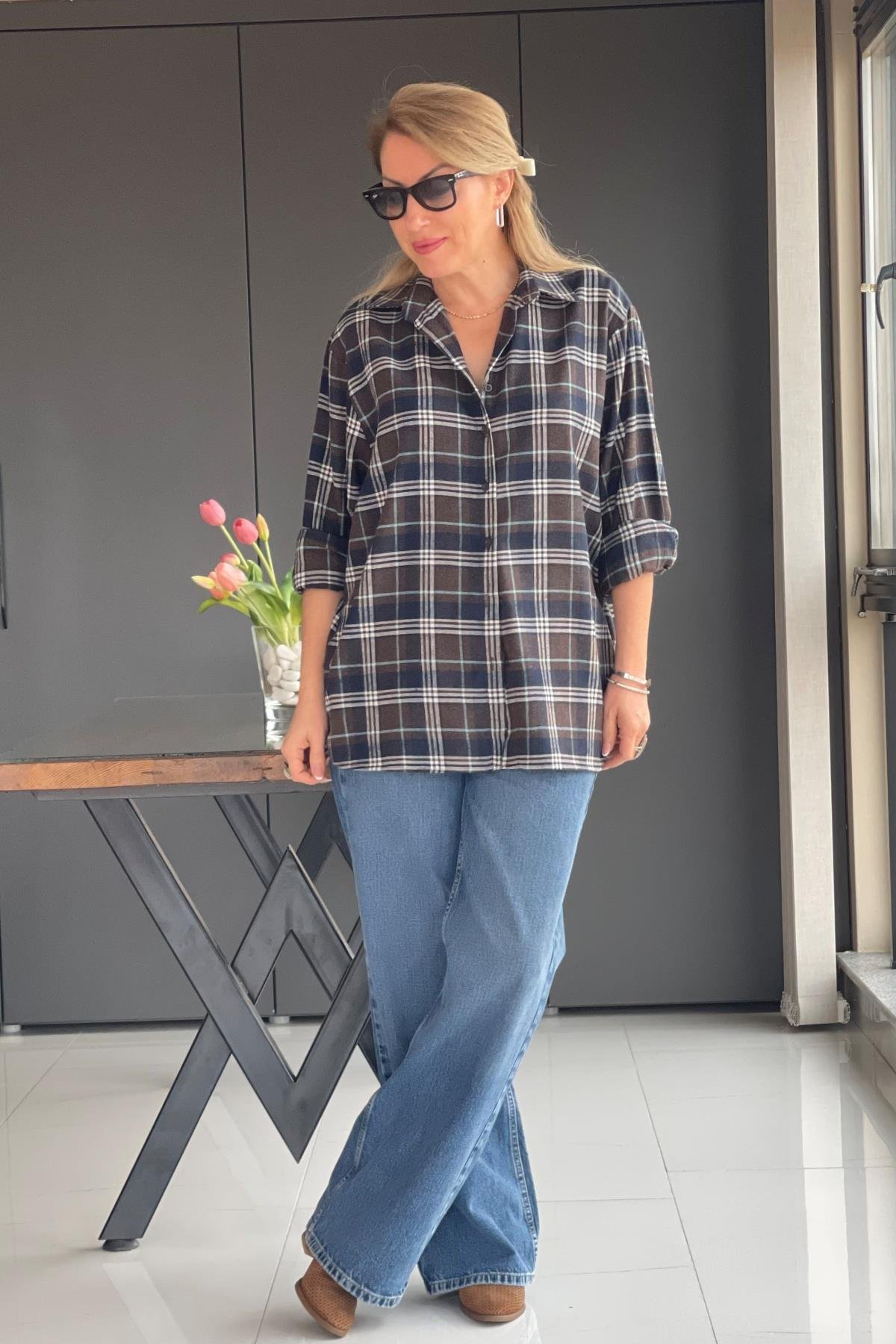Lacivert Kareli Oversize Gömlek