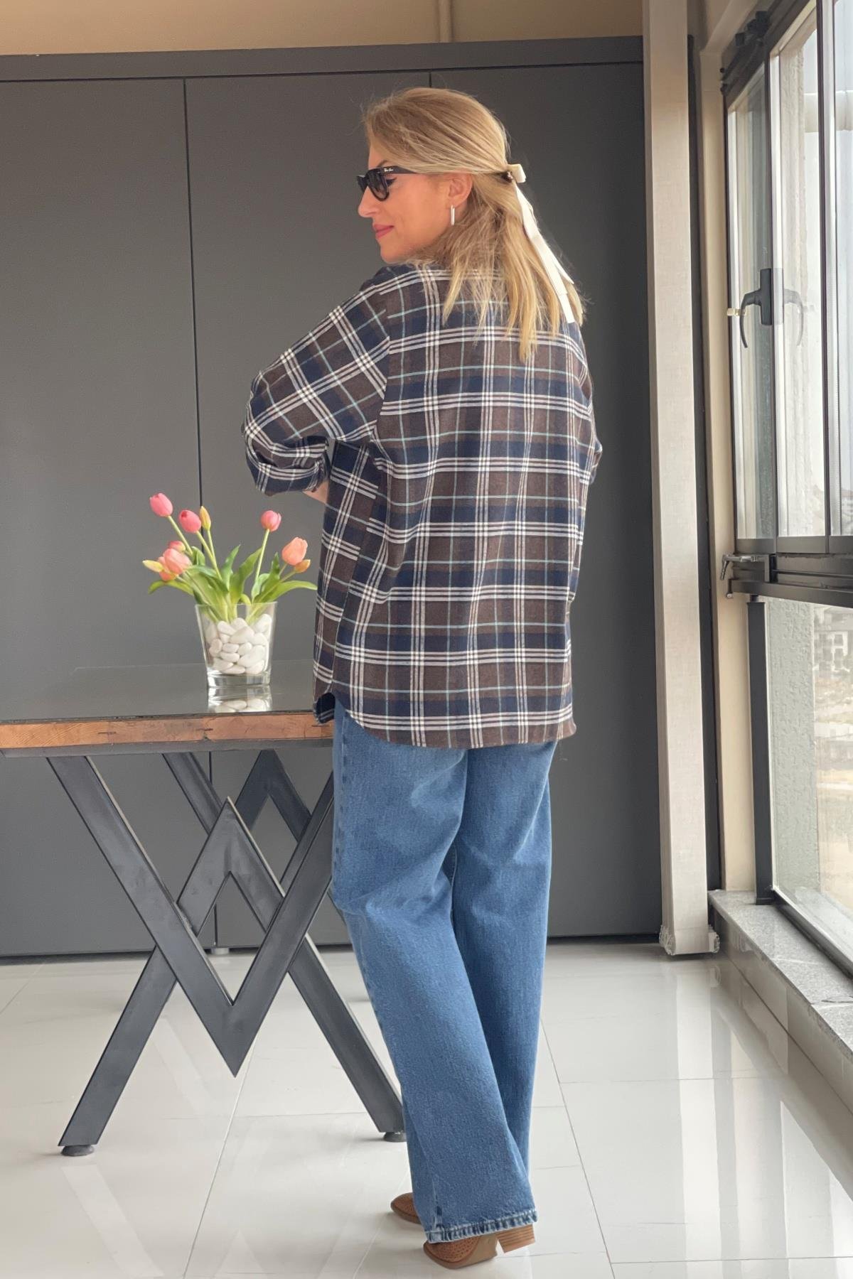Lacivert Kareli Oversize Gömlek