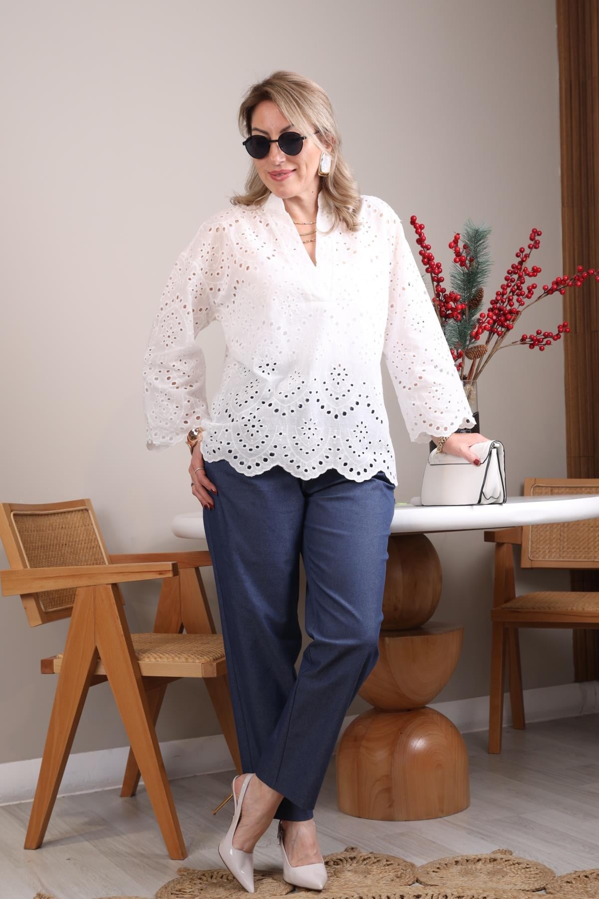 Lacivert Pileli Coton Pantolon