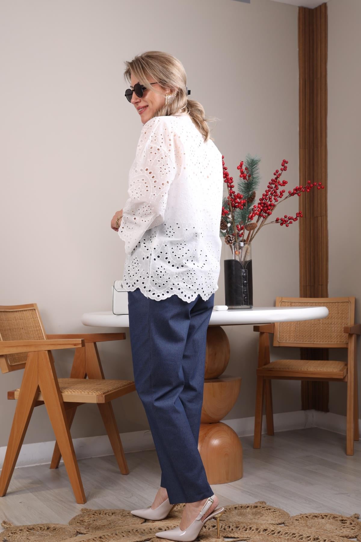 Lacivert Pileli Coton Pantolon