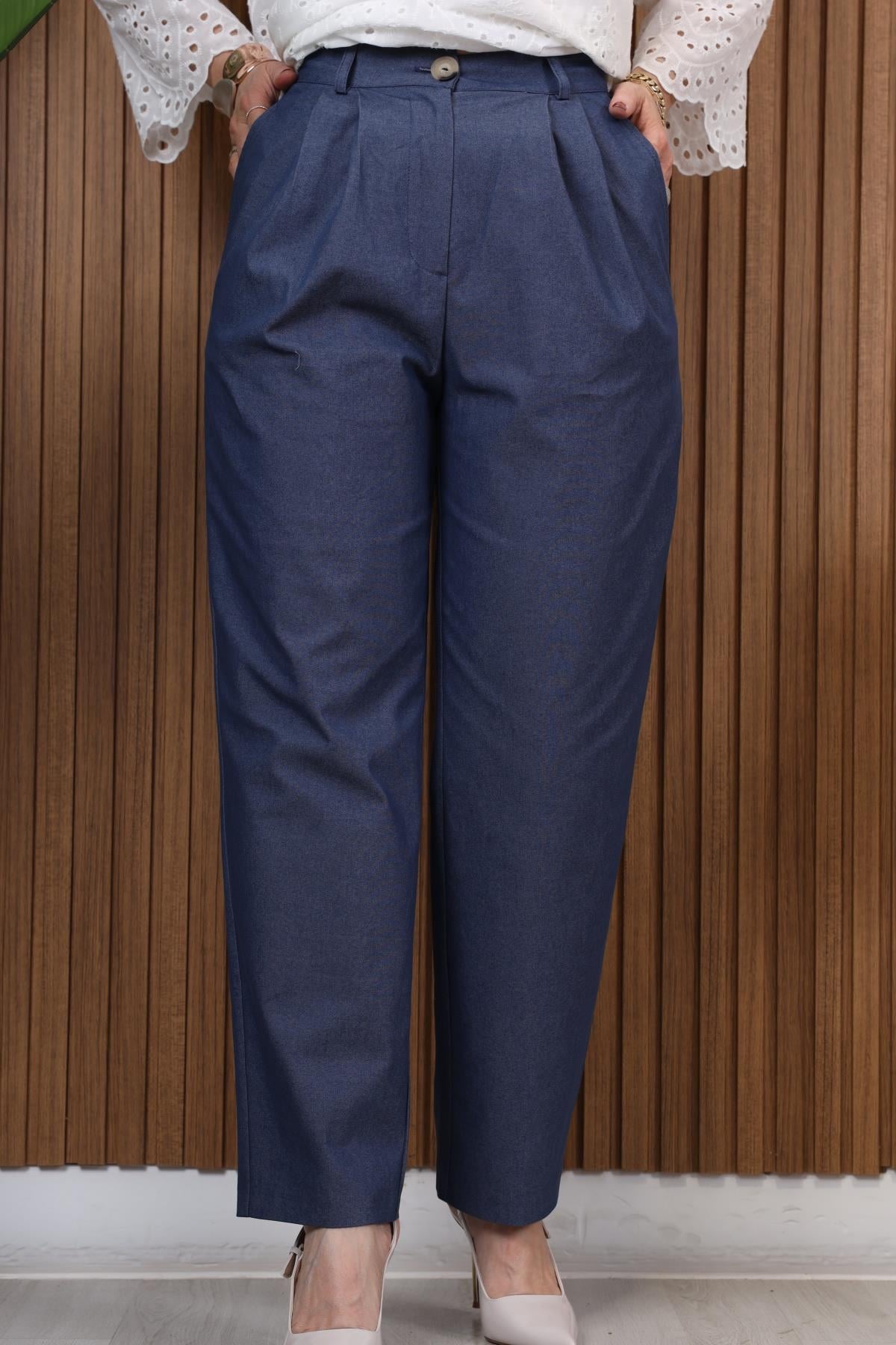 Lacivert Pileli Coton Pantolon