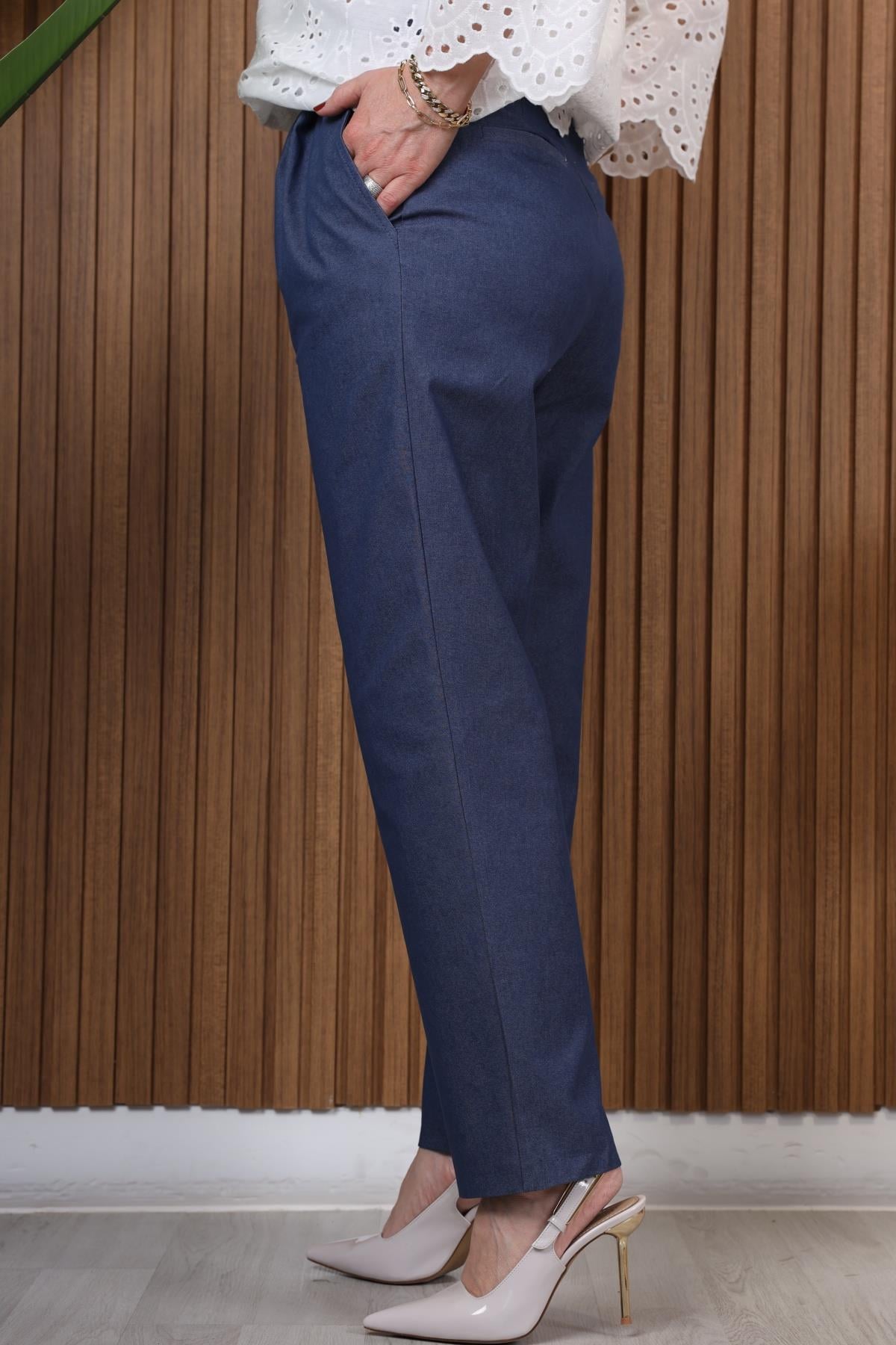 Lacivert Pileli Coton Pantolon