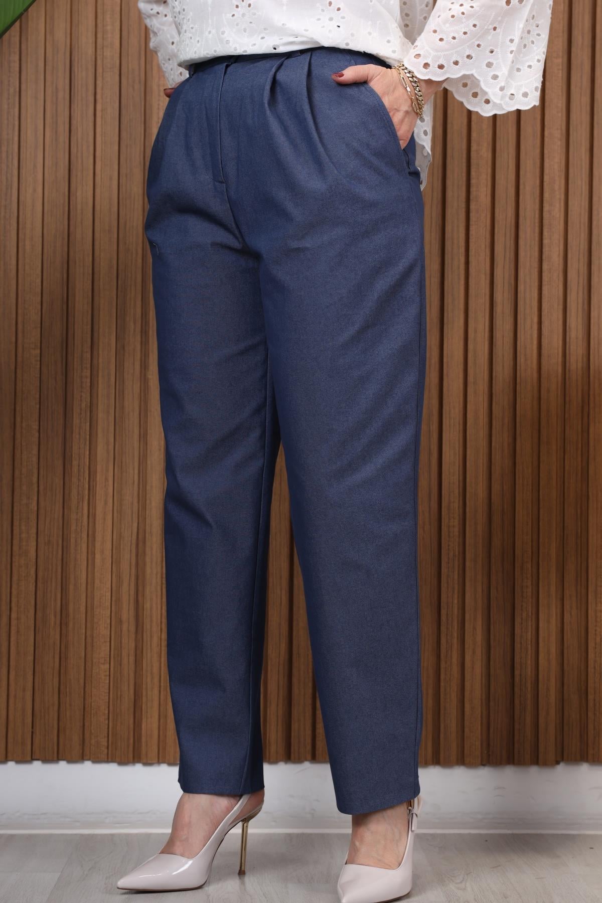 Lacivert Pileli Coton Pantolon