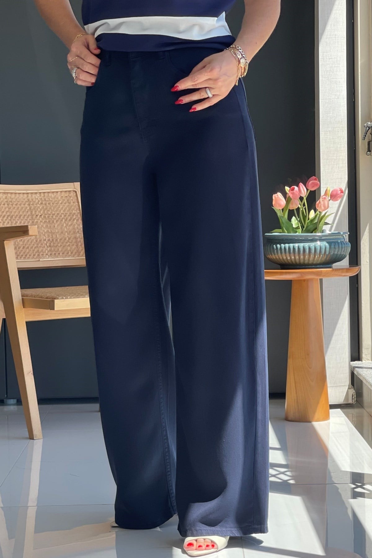 Lacivert Tencel Palazzo Pantolon