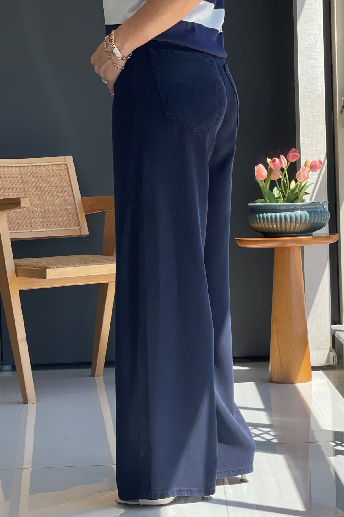 Lacivert Tencel Palazzo Pantolon