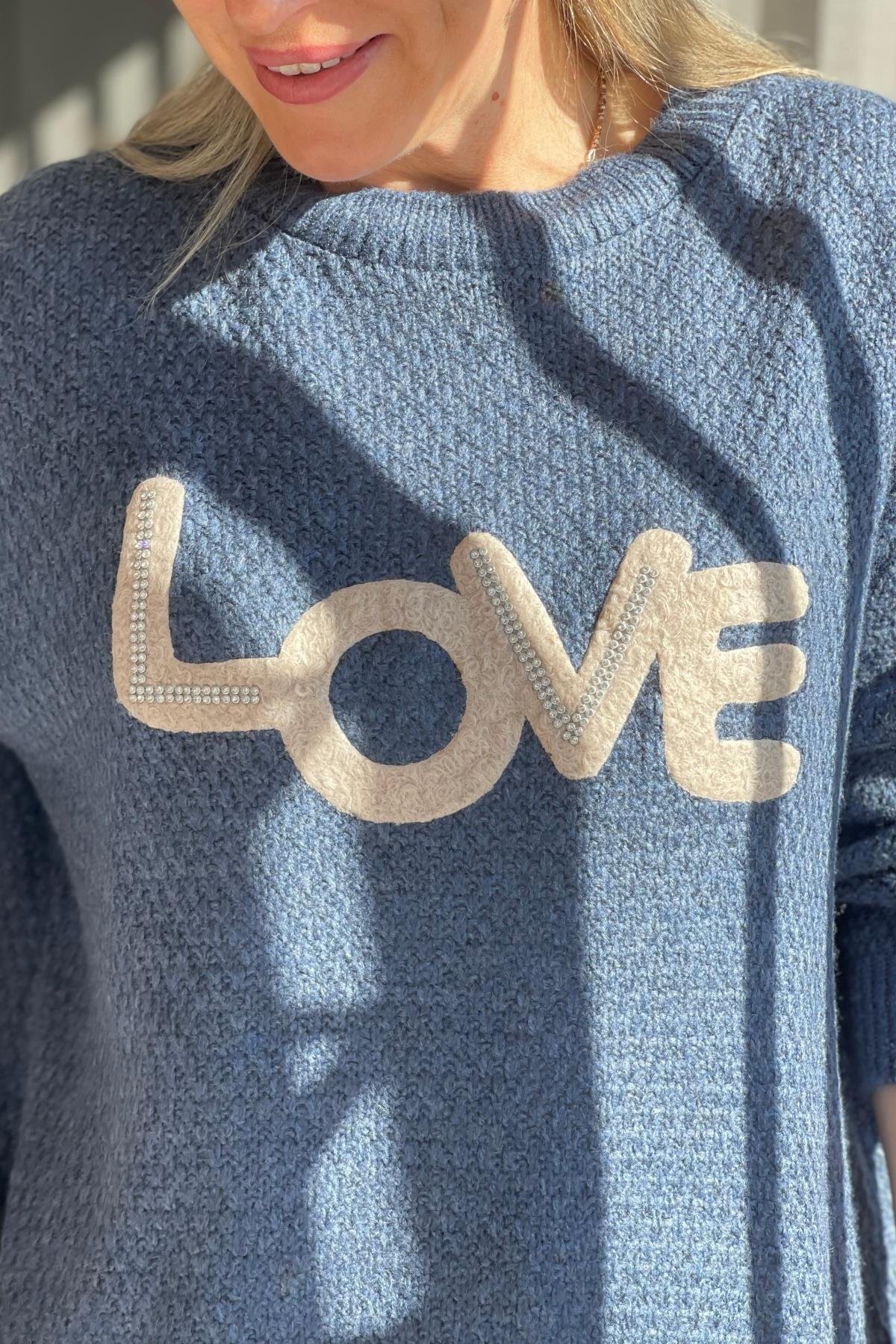 Love Kabartma Desen İndigo Kazak