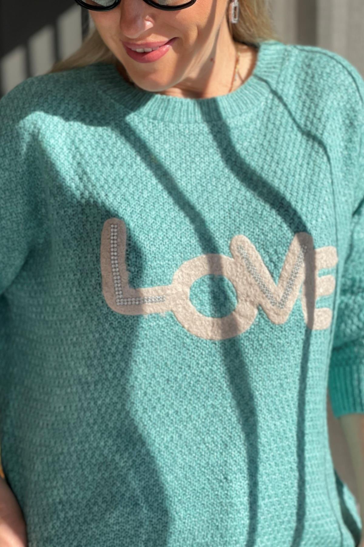 Love Kabartma Desen Mint Yeşili Kazak