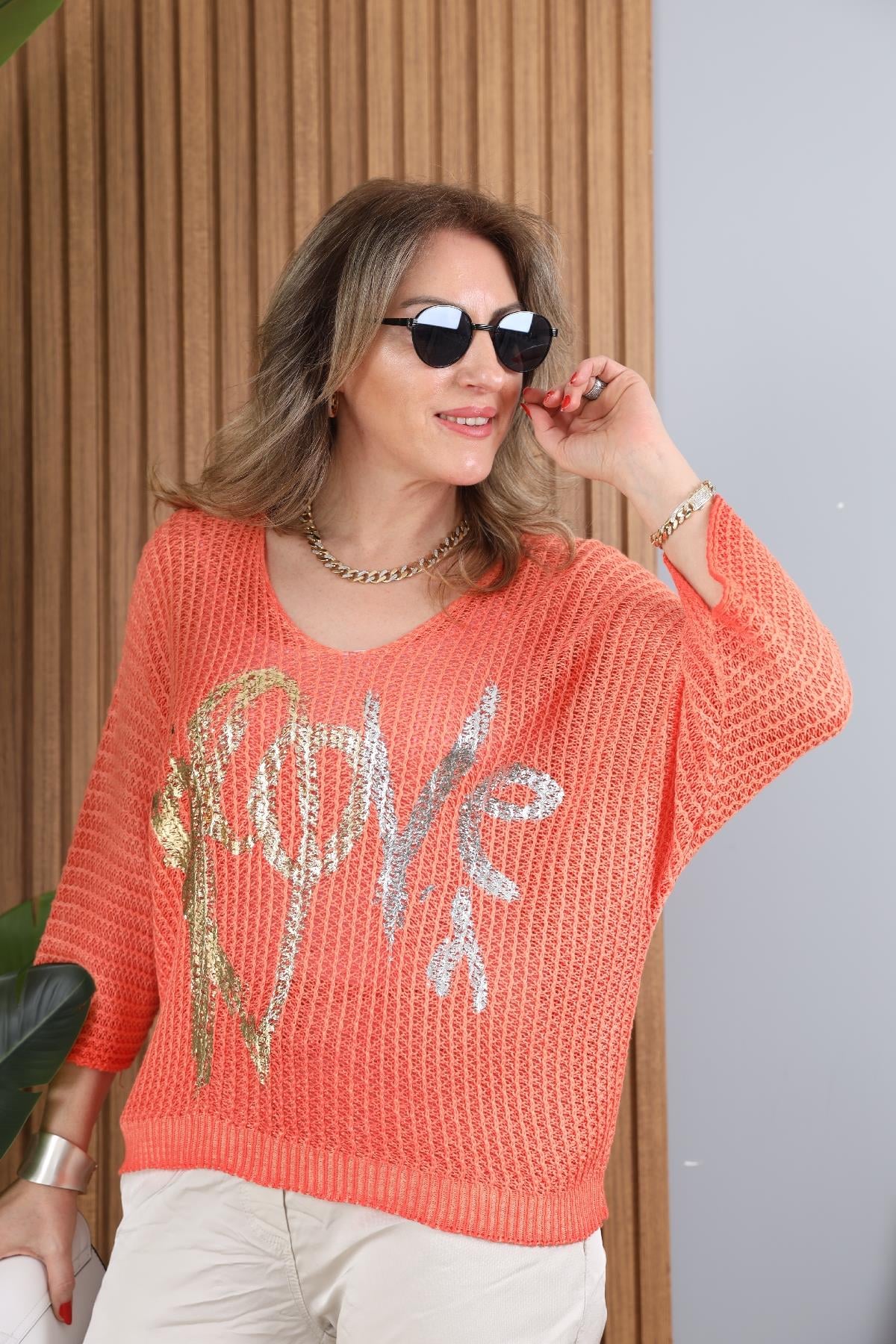 Love Yazı Detay İthal Triko Orange Bluz