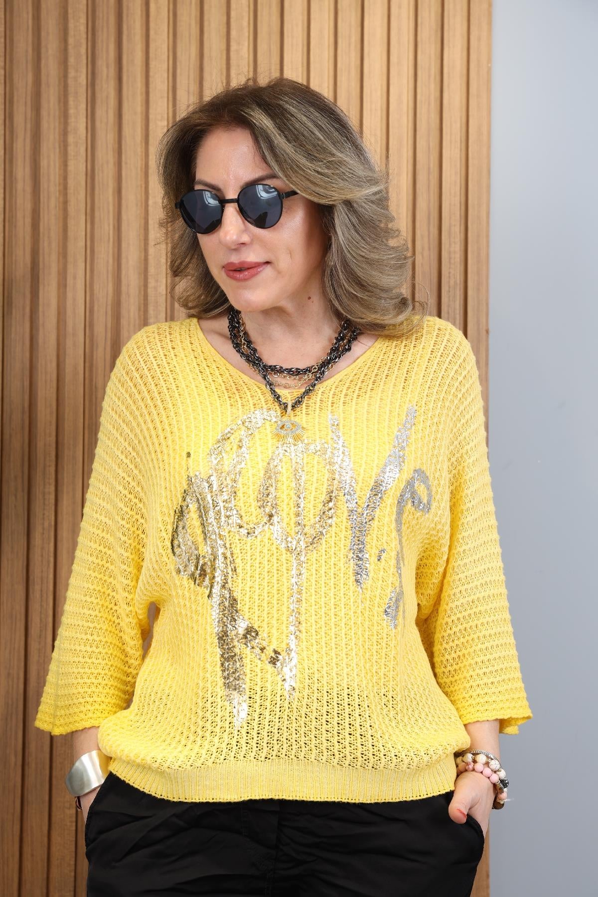 Love Yazı Detay İthal Triko Sarı Bluz