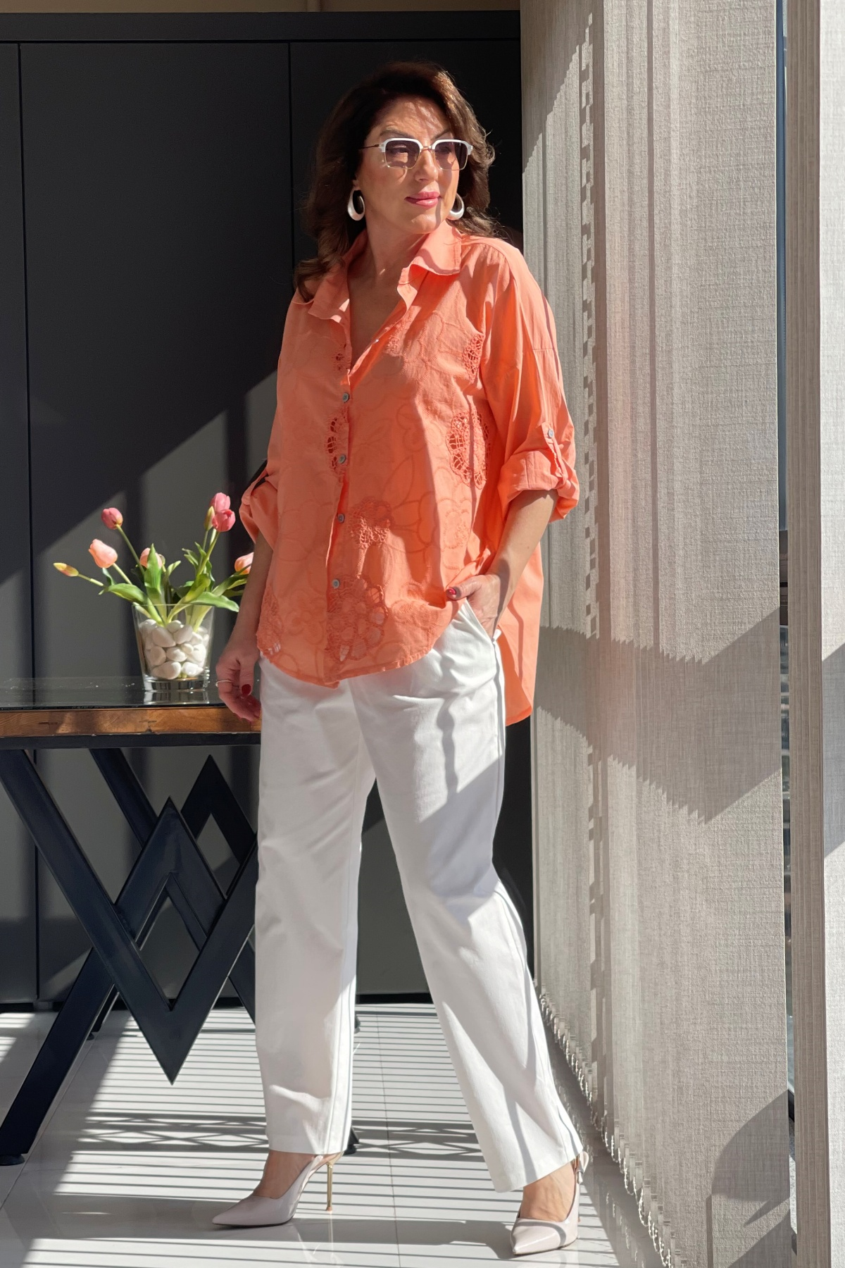 Nakış Çiçek Desen Orange Gömlek