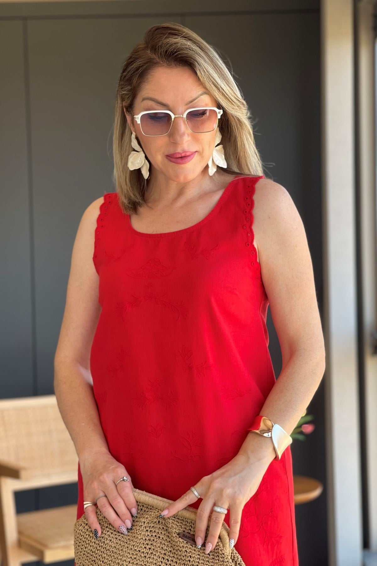 Nakış Detay Kolsuz Keten Kırmızı Elbise