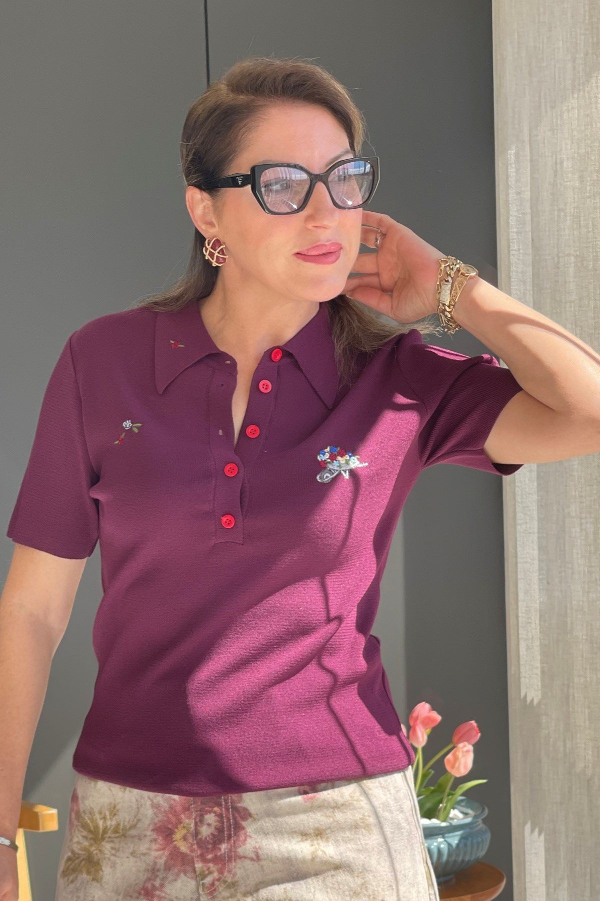 Nakış Detay Mürdüm Bluz