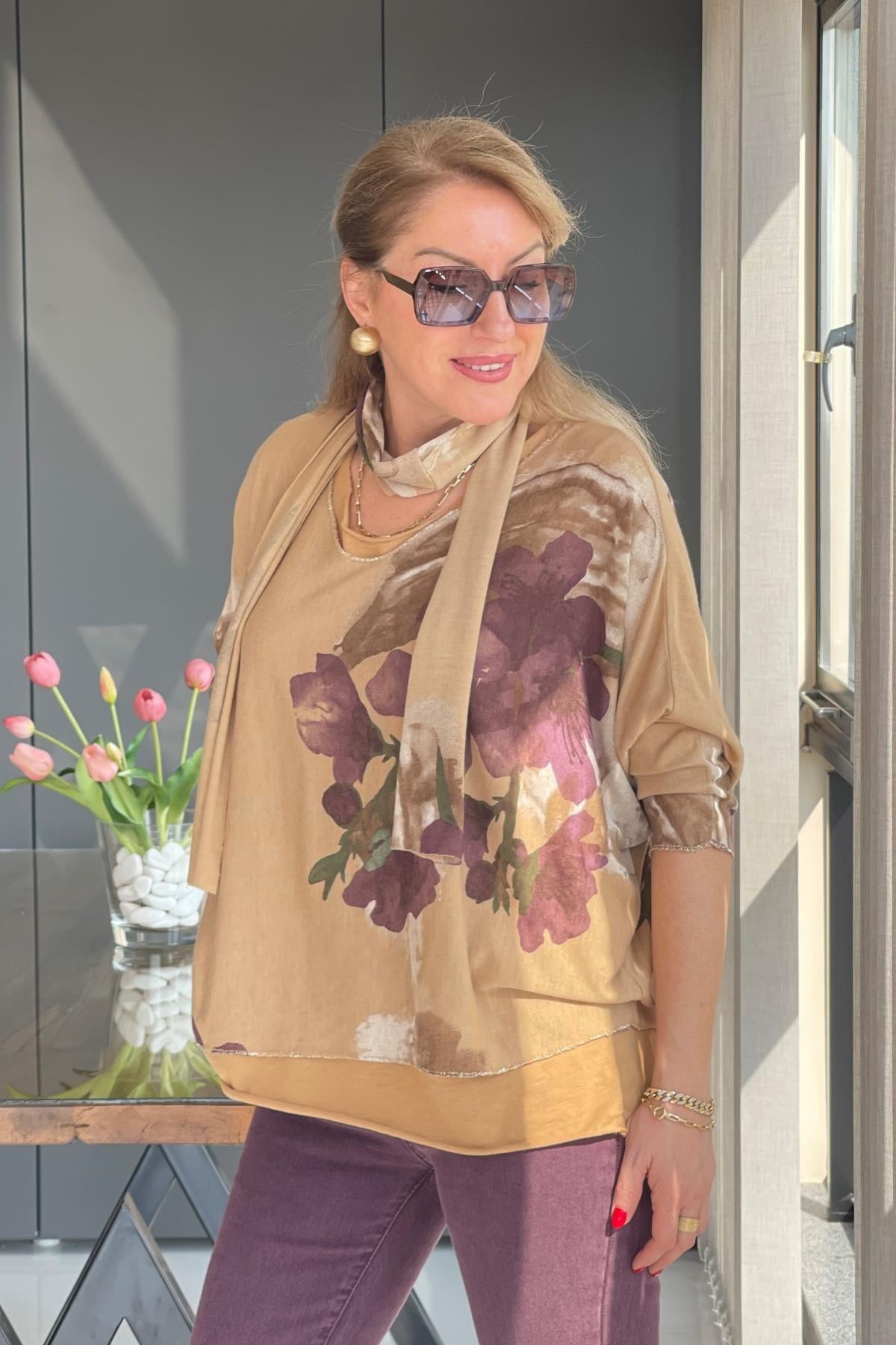 Nergis Desen Fularlı Cappuccıno Bluz