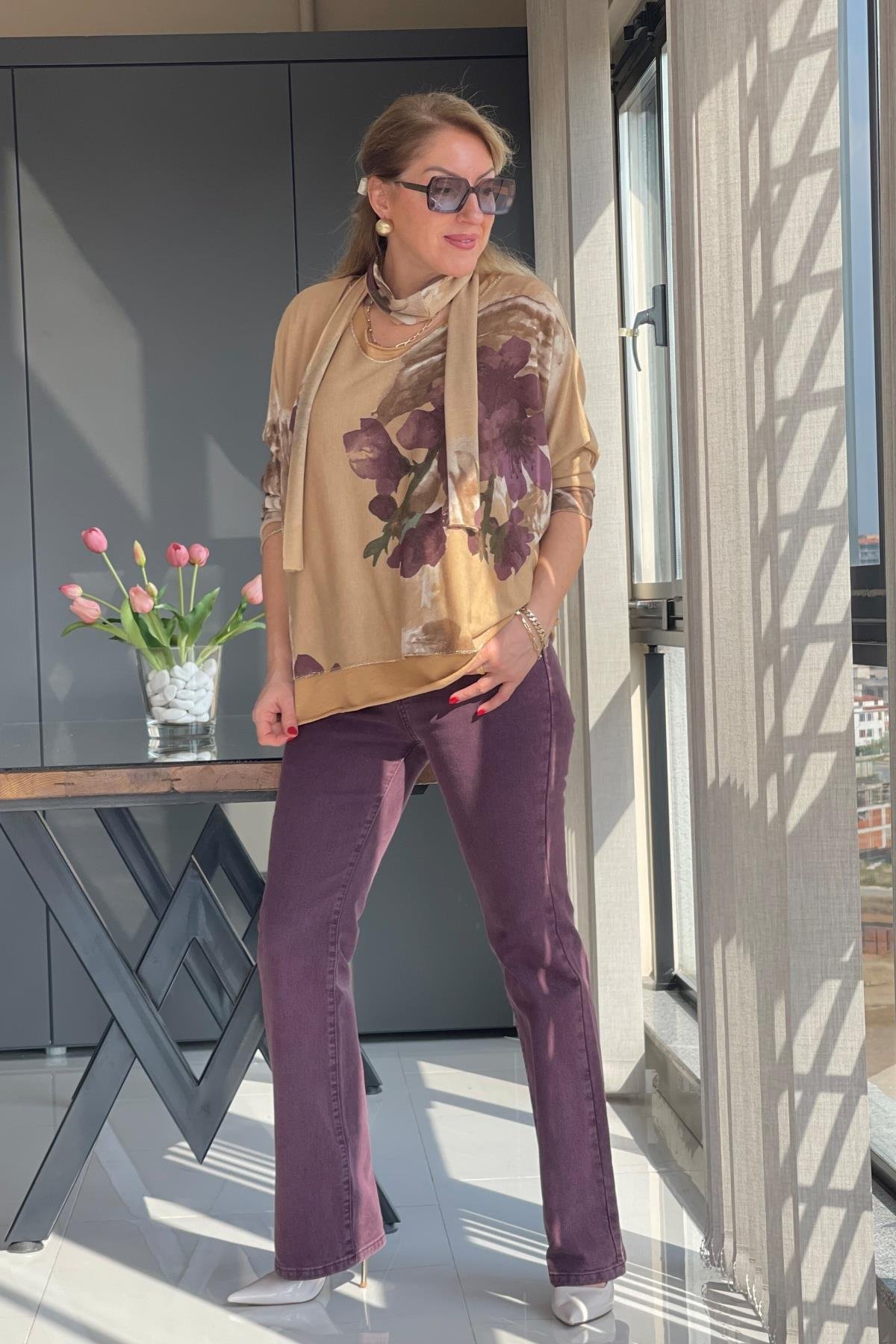 Nergis Desen Fularlı Cappuccıno Bluz
