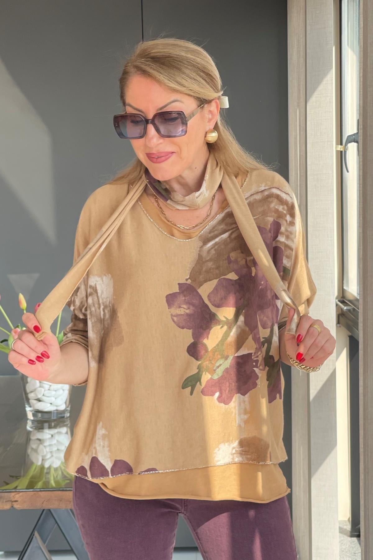 Nergis Desen Fularlı Cappuccıno Bluz