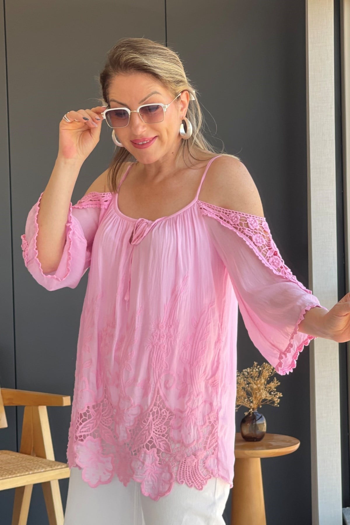 Omuz Dekolte Bohem Pembe Bluz
