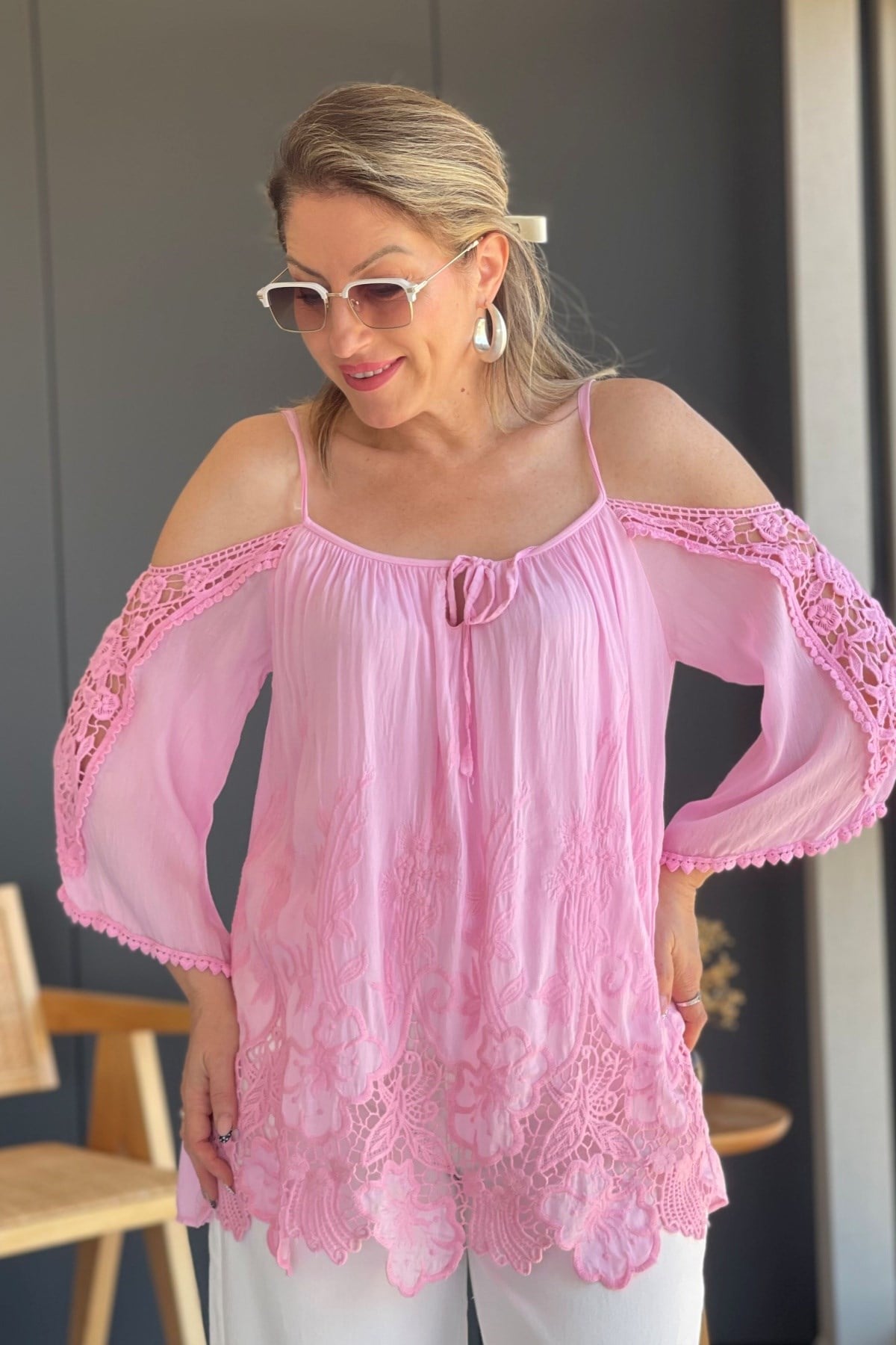 Omuz Dekolte Bohem Pembe Bluz