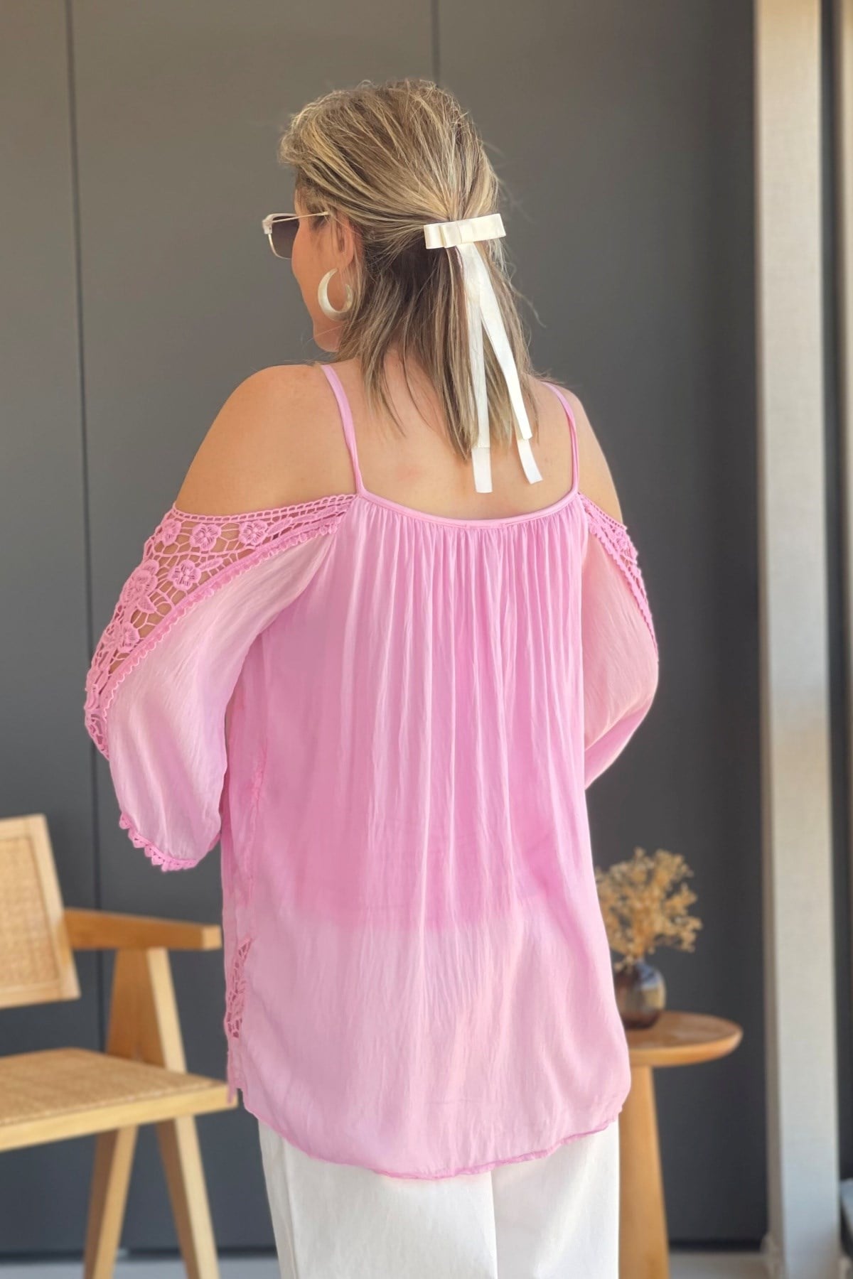 Omuz Dekolte Bohem Pembe Bluz