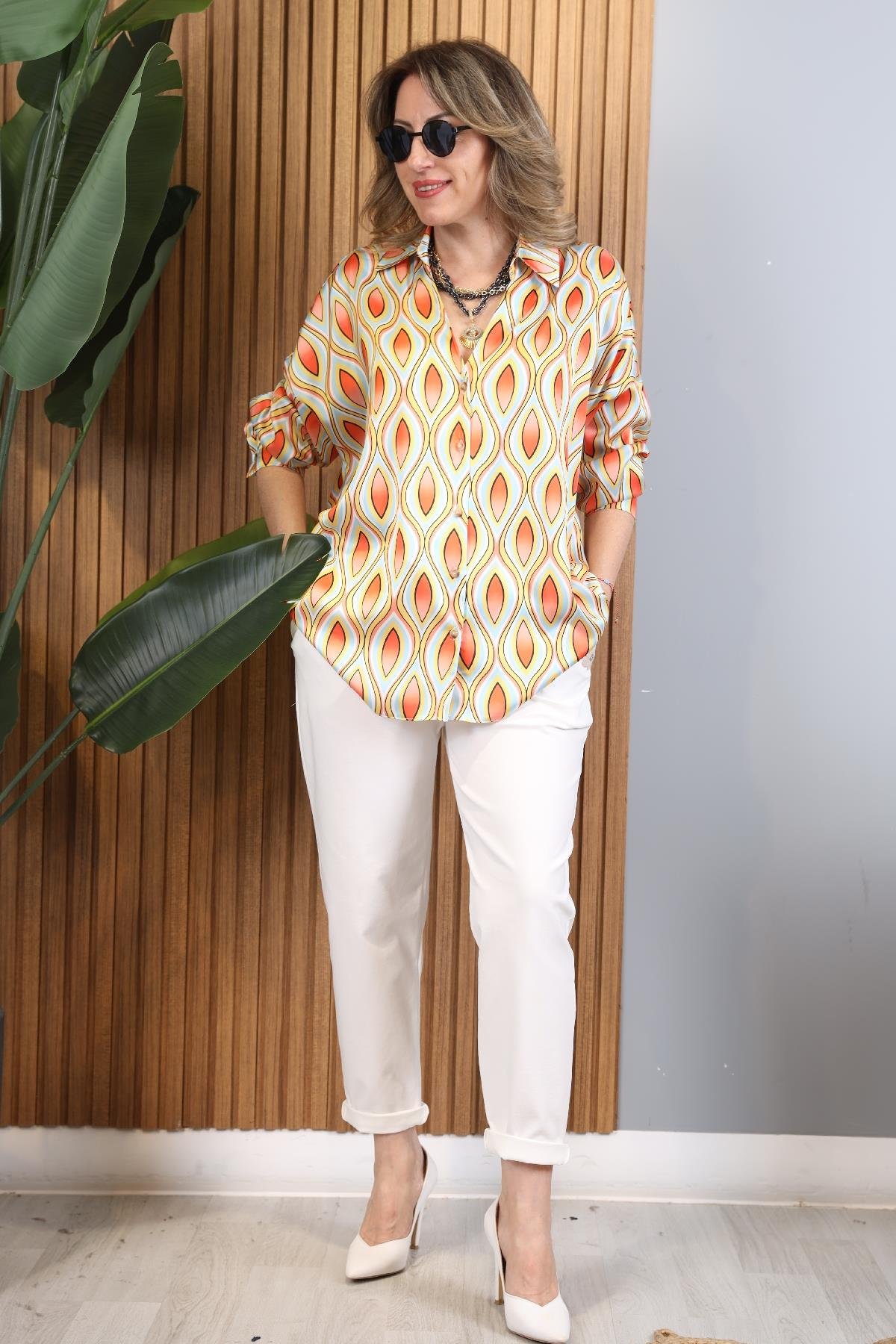 Orange Damla Model Düğmeli Oversize Bej Gömlek