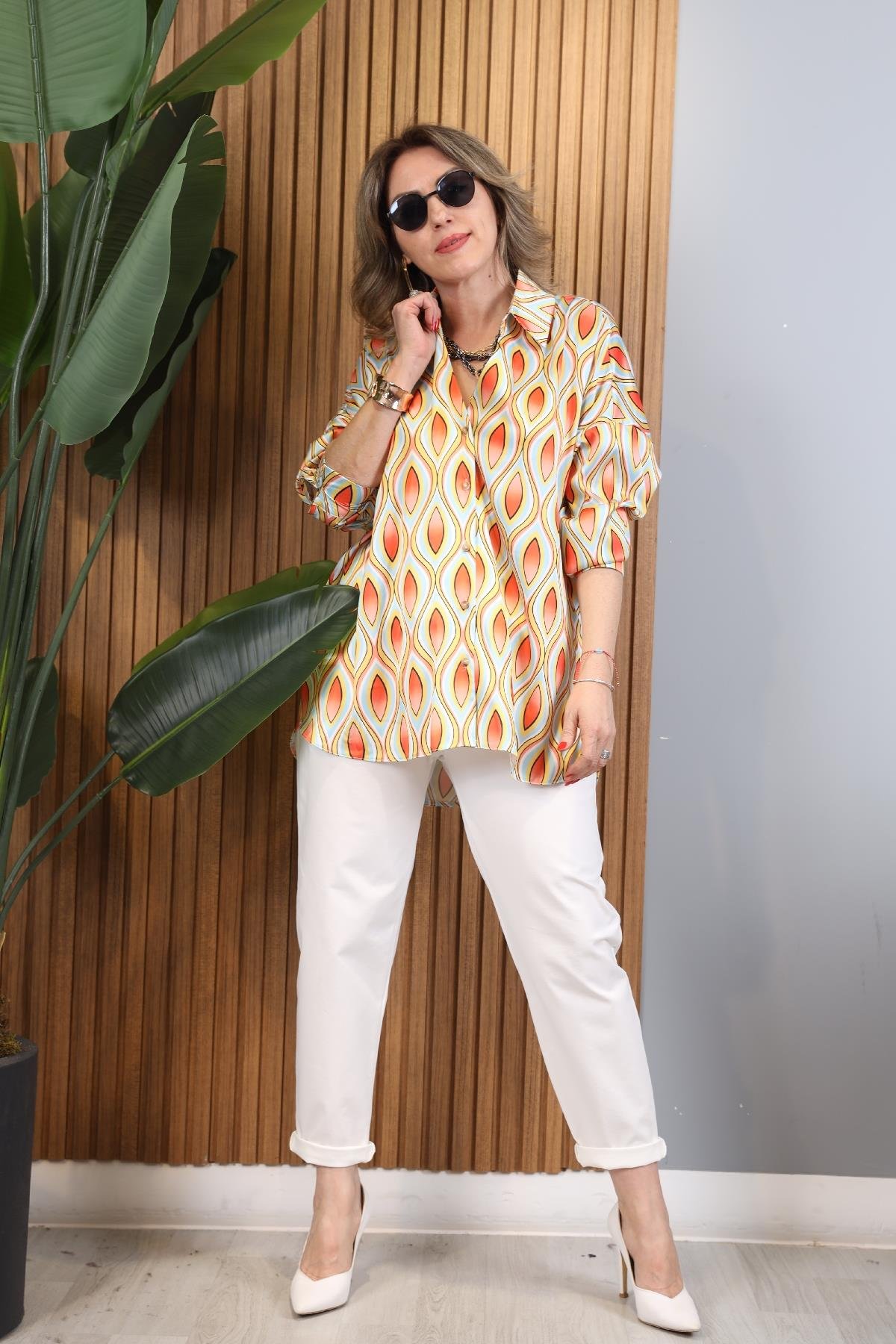 Orange Damla Model Düğmeli Oversize Bej Gömlek