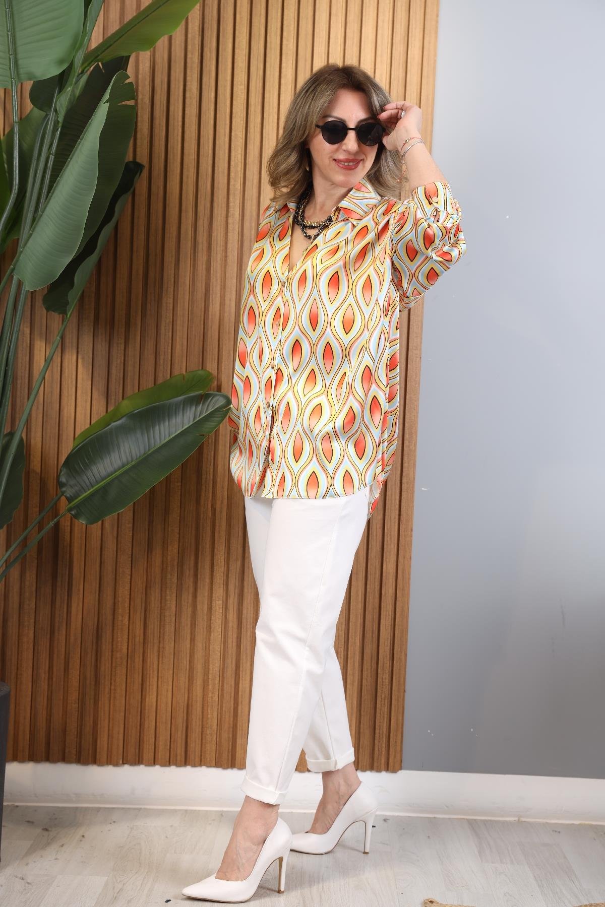 Orange Damla Model Düğmeli Oversize Bej Gömlek